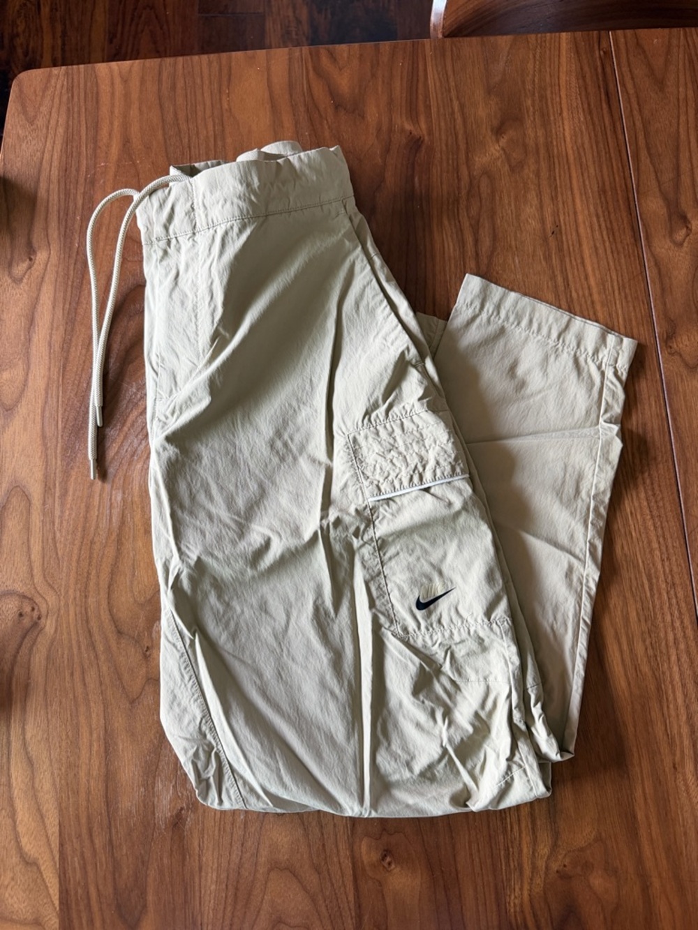 Nike Men's Beige Cargo Nylon Track Pants with Side Pockets and Draw String